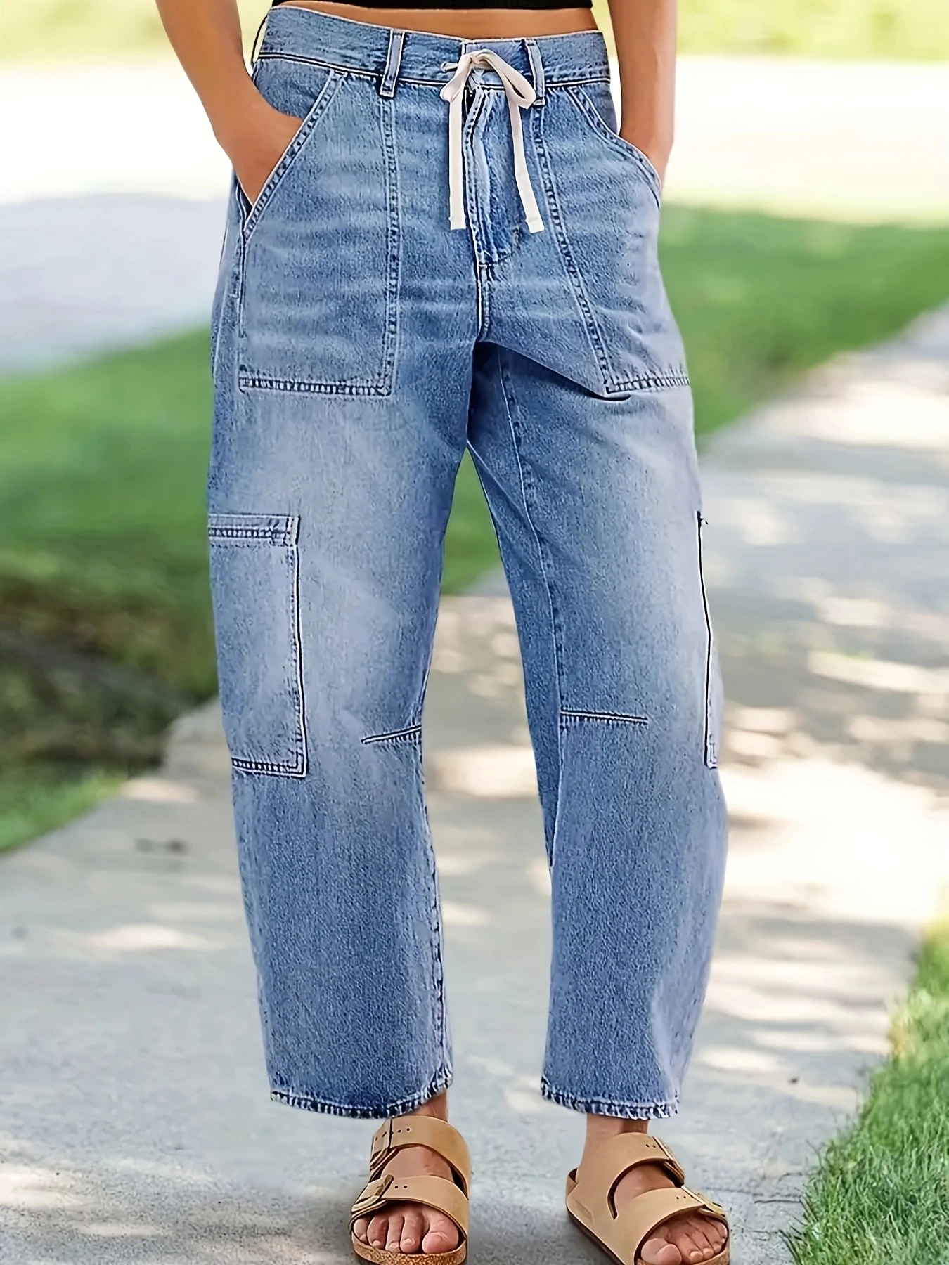 

Женские винтажные светло-голубые джинсы для рабочей одежды на шнурке, эластичные, со средней талией, несколькими карманами, свободные, прямые брюки