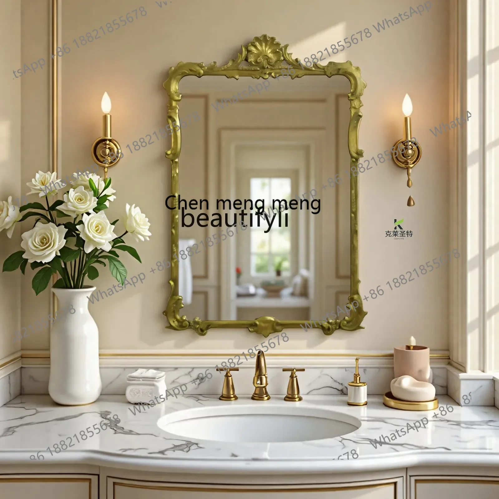 

B178 French retro bathroom mirror wooden carved mirror wall-mounted dressing mirror