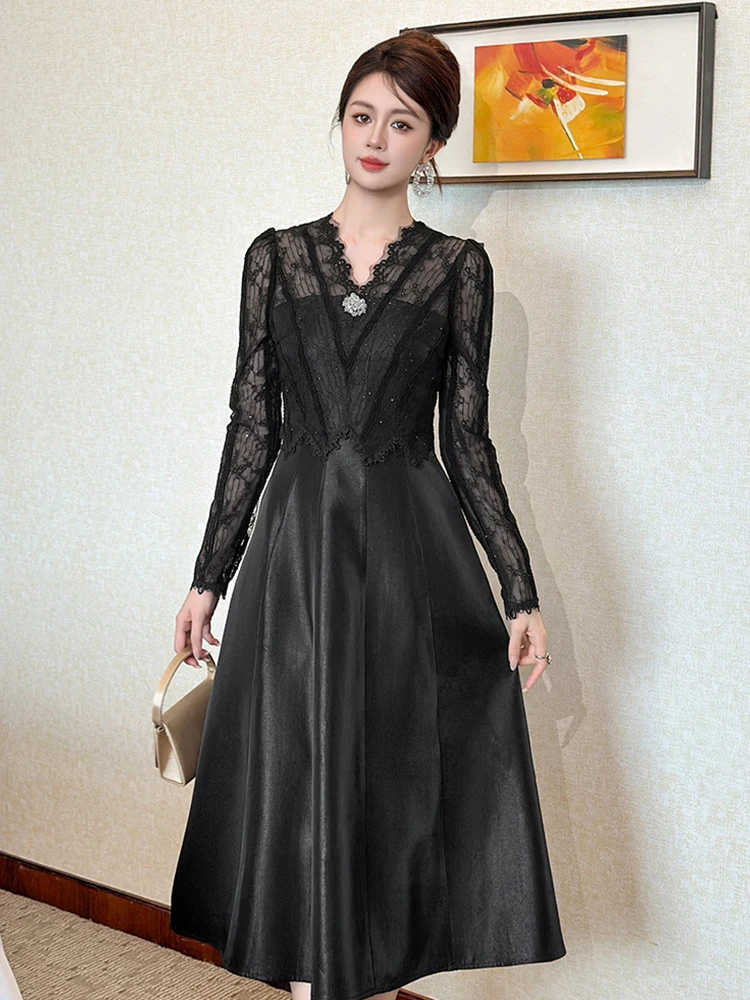 Französisches Elegantes Formelles Abendkleid für Damen Sexy Transparentes Spitzen-Ballkleid mit Taschen Schwarzes Partykleid Bankett-Robe Vestidos