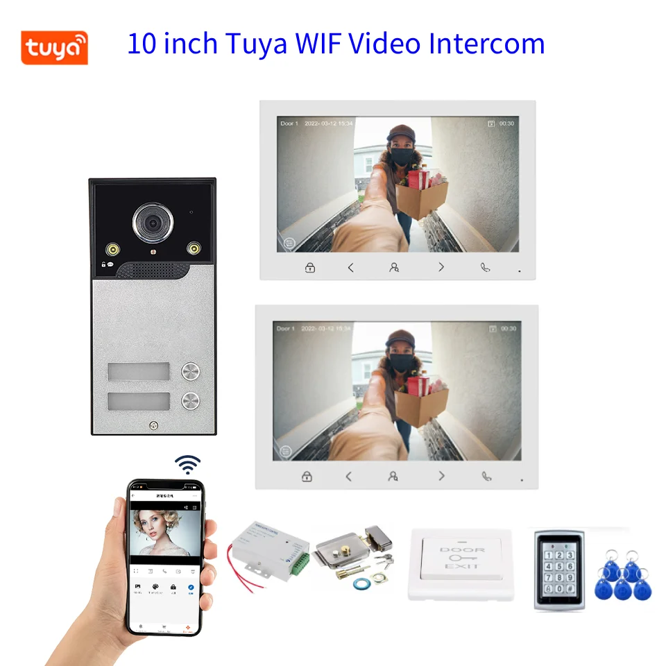 10インチ大画面Tuya WIFIビデオインターホンシステム（2～4世帯用）AHD 1080Pパスワードボード（オプション）ビデオドアホン/ドアベルシステム