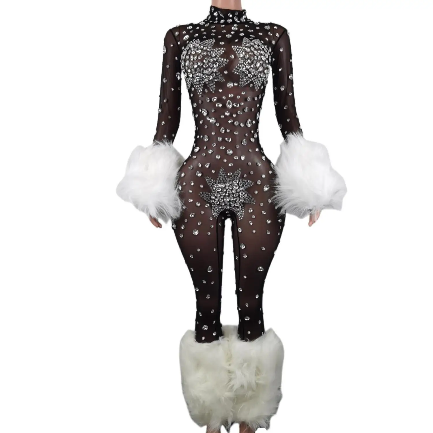 Singer Rhinestones Hairy Jumpsuit Women Nightclub Bar Gogo Dance Clothing Black Stretch Bodysuit Drag Queen Costume Guibin