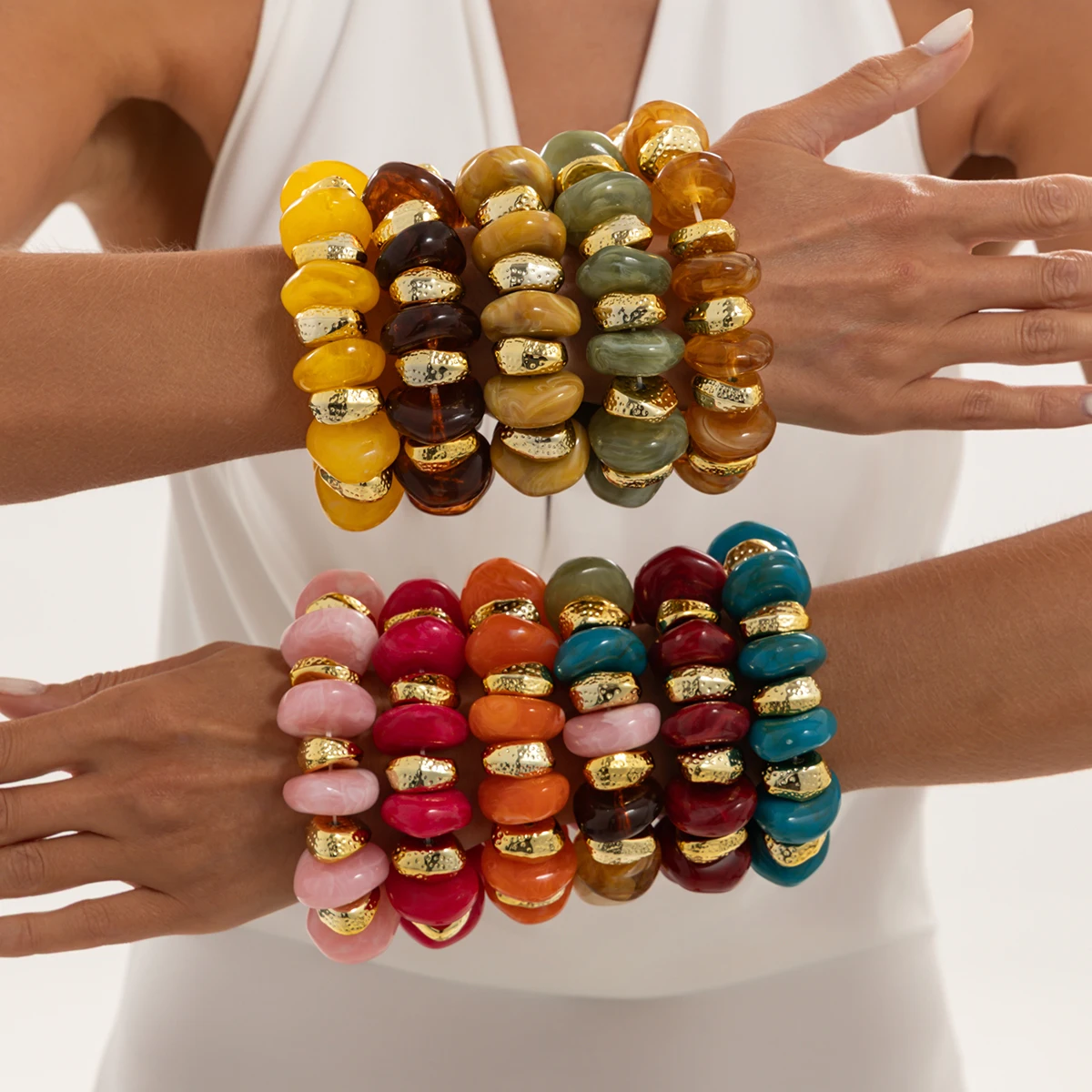 Ingemark Retro Buntes Dickes Harz-Acryl-Perlenarmband für Damen, Übertriebenes Mehrschichtiges Stapelbares Elastisches Armband, Party-Schmuck – Detail 1