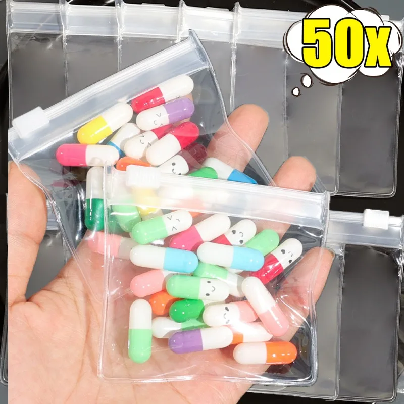 50/5 STKS Mini Doorzichtige Zak Pil Dispenser Zakken Portable Reizen Juweel Zakje met Glijdende Rits Zelfsluitende Waterdichte Opbergzakken