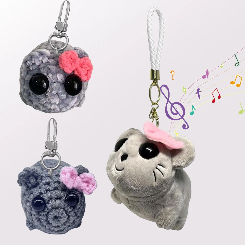 Cute Knitted Sad Hamster Doll Handmade Kawaii Hamster Handmade Musical Keychain Doll Funny Pendant Keyring Jewelry for Kids Gift