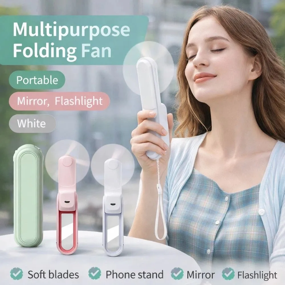 3 IN 1 Handheld Mini Fan 3 Gears 1200 MAh Folding Flashlight Fan USB Rechargeable Lightweight Pocket Silent Fan Summer Outdoor