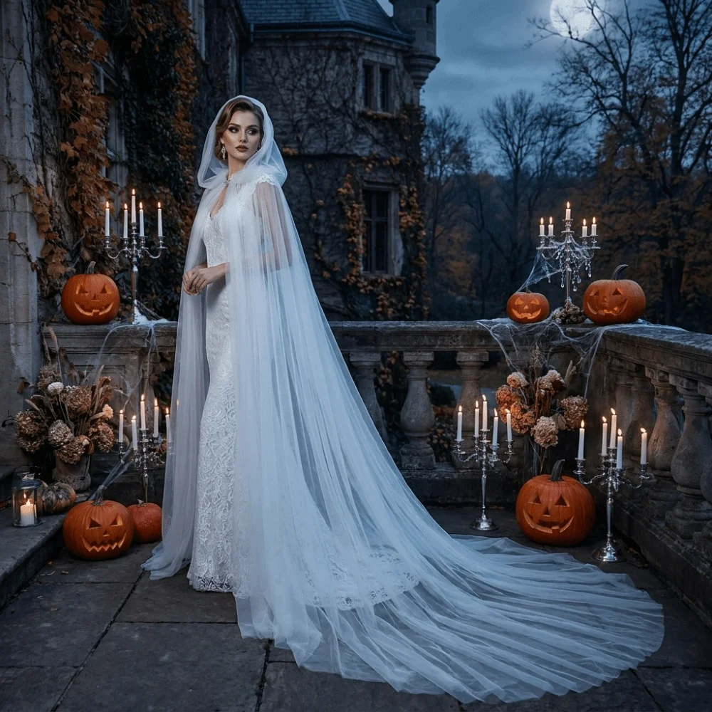 Retro Solid Color Halloween Hooded Tulle Cape Soft Floor Length Mesh Cloak Sheer Long Cosplay Bridal Costume Photoshoot