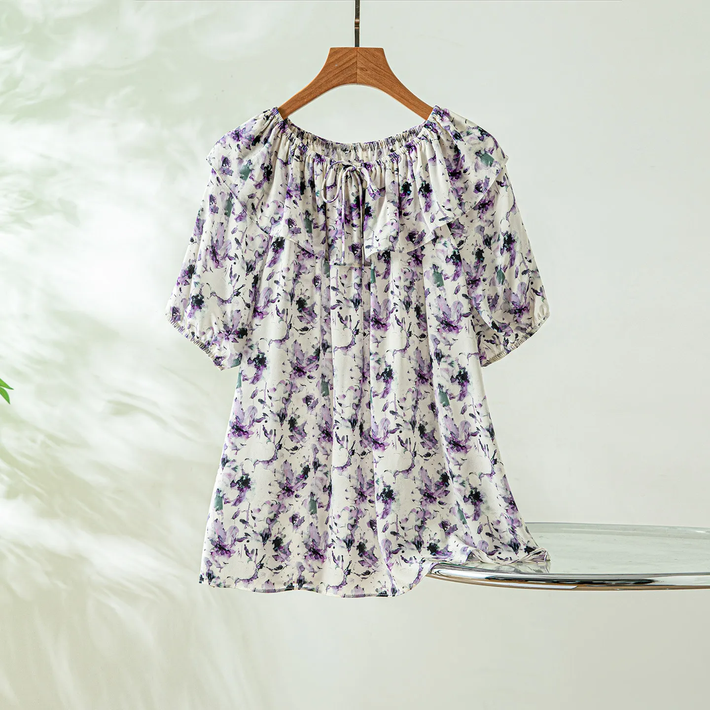 Winsleter-100%Real Silk Double Crepe Elegant T-Shirt, Short Sleeve Print Ruffles, Women Sweet Loose Top, 2026 Summer T65302CC