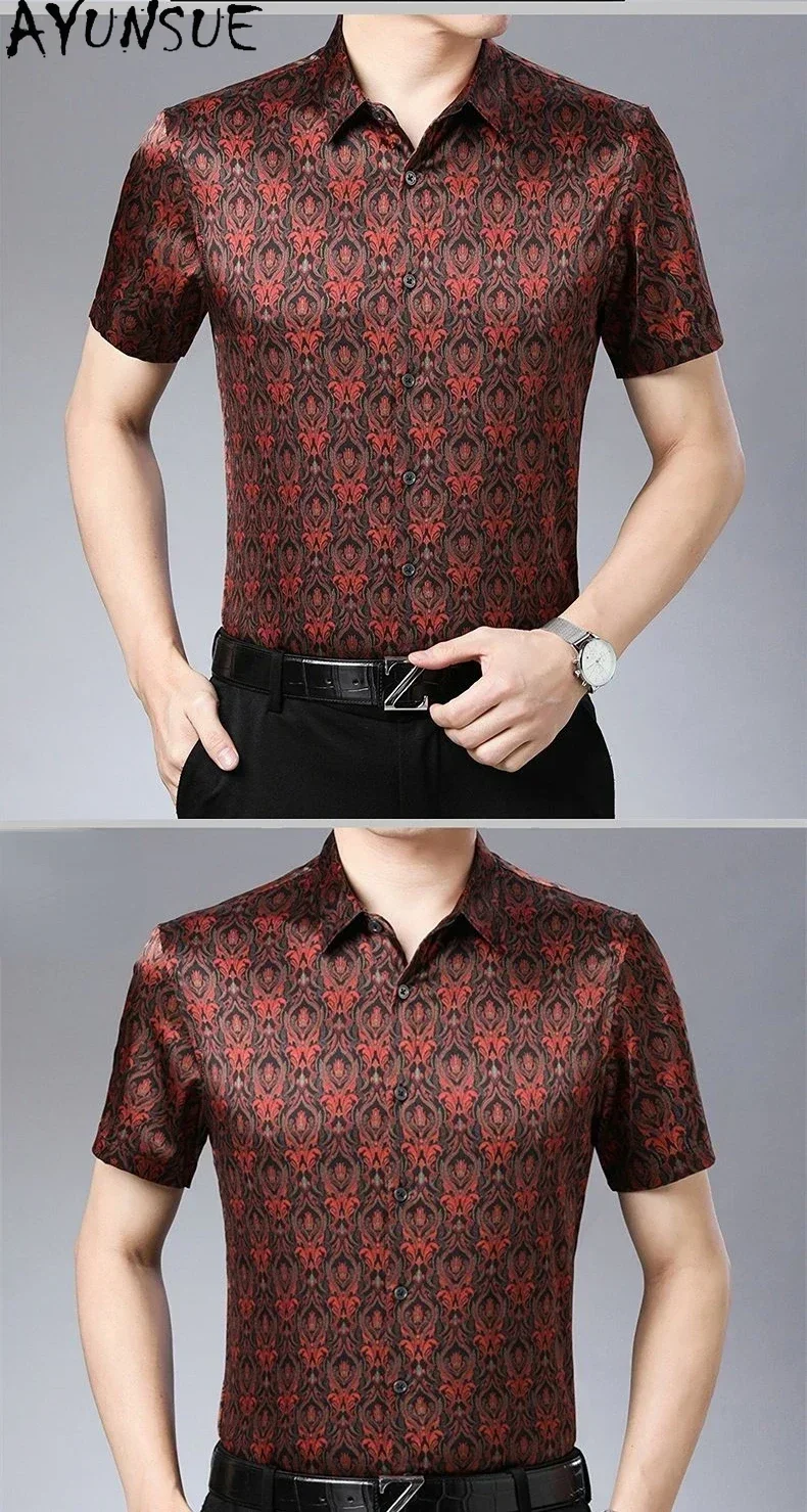 AYUNSUE High Quality 93% Mulberry Real Silk Shirt for Man Printed Shirts Men Clothing Summer Short Sleeved Tops Camisa Masculina