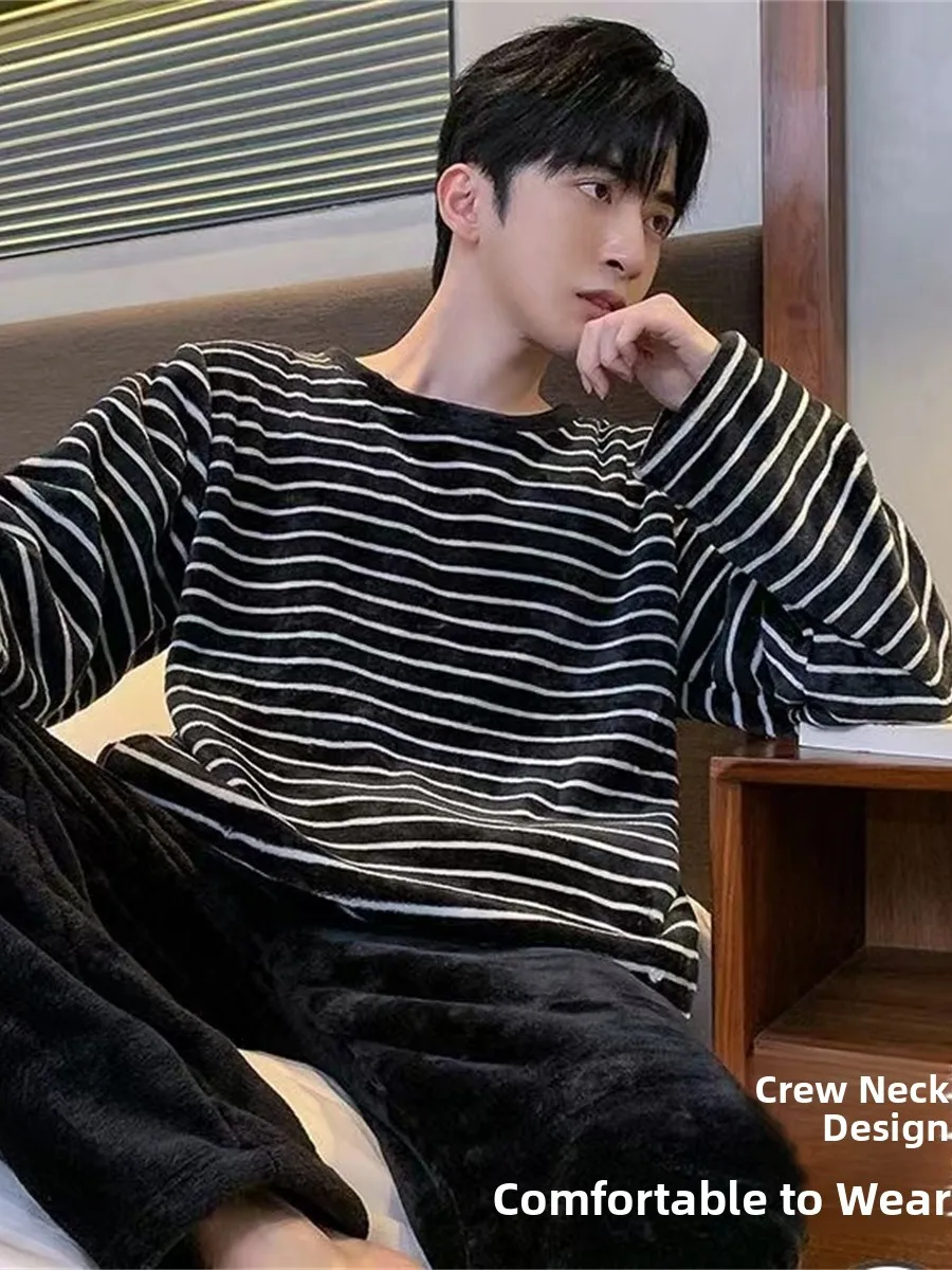 Coralline Flannel Sleepwear Long Sleeve Home Clothes Set for Men Winter Warm Two-Piece Suit Comfortable Soft round Neck Design
