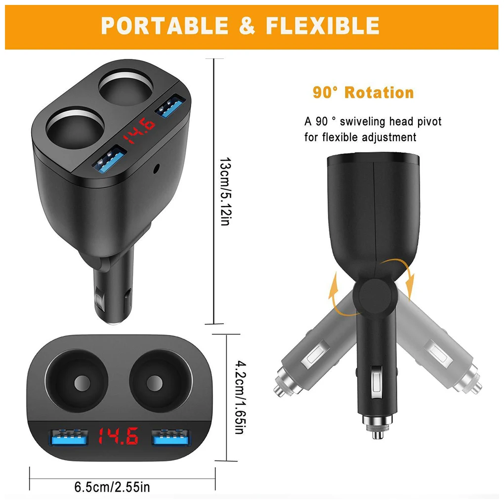 Автомобильные порты для быстрой зарядки с поворотом на 90 ° и USB-индикатором напряжения прикуривателя