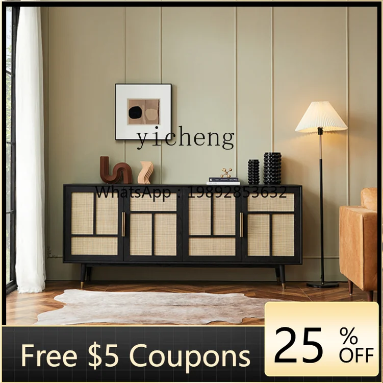 

Rattan Light Luxury Solid Wood Four-Door Oak Sitting Room Cabinet Dining Side Storage Locker Wall Entrance Cabinet