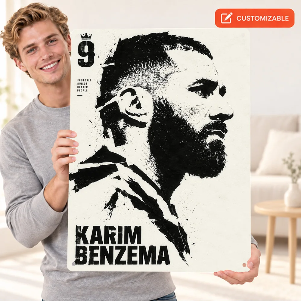 Karim Benzema Portrait Football Textured Metal Poster Personalized Aluminum Metal Sign Stencil Design Wall Art For Game Room