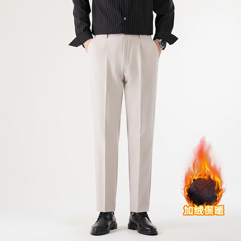 Men's Wide Leg Dress Pants Fleece Lined Thermal Winter Trousers, Relaxed Straight Leg Business Casual Pants with Soft Drape