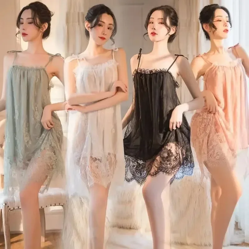 Lace Mesh Slip Dress Sexy Pajamas Women\'s Nightgown Sleeping Summer Woman New Pajama Sleepdress Nighty Hot Romantic Sleepwear