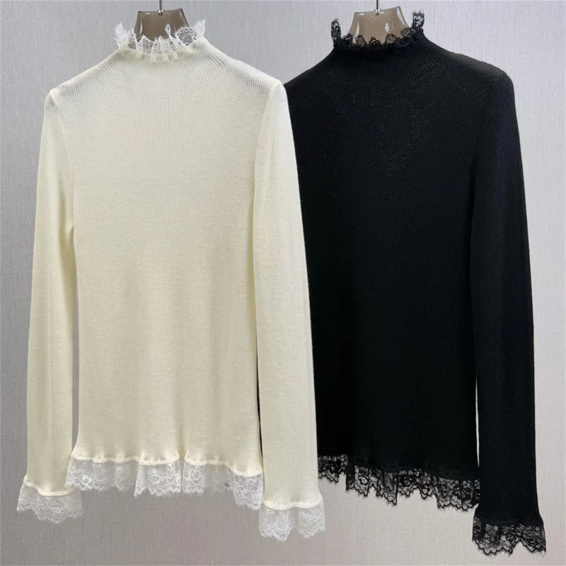 

Women's sweater 2026 Spring new elastic slim fit long sleeved top Lace patchwork half high neck pullover y2k wool blend Knitwear
