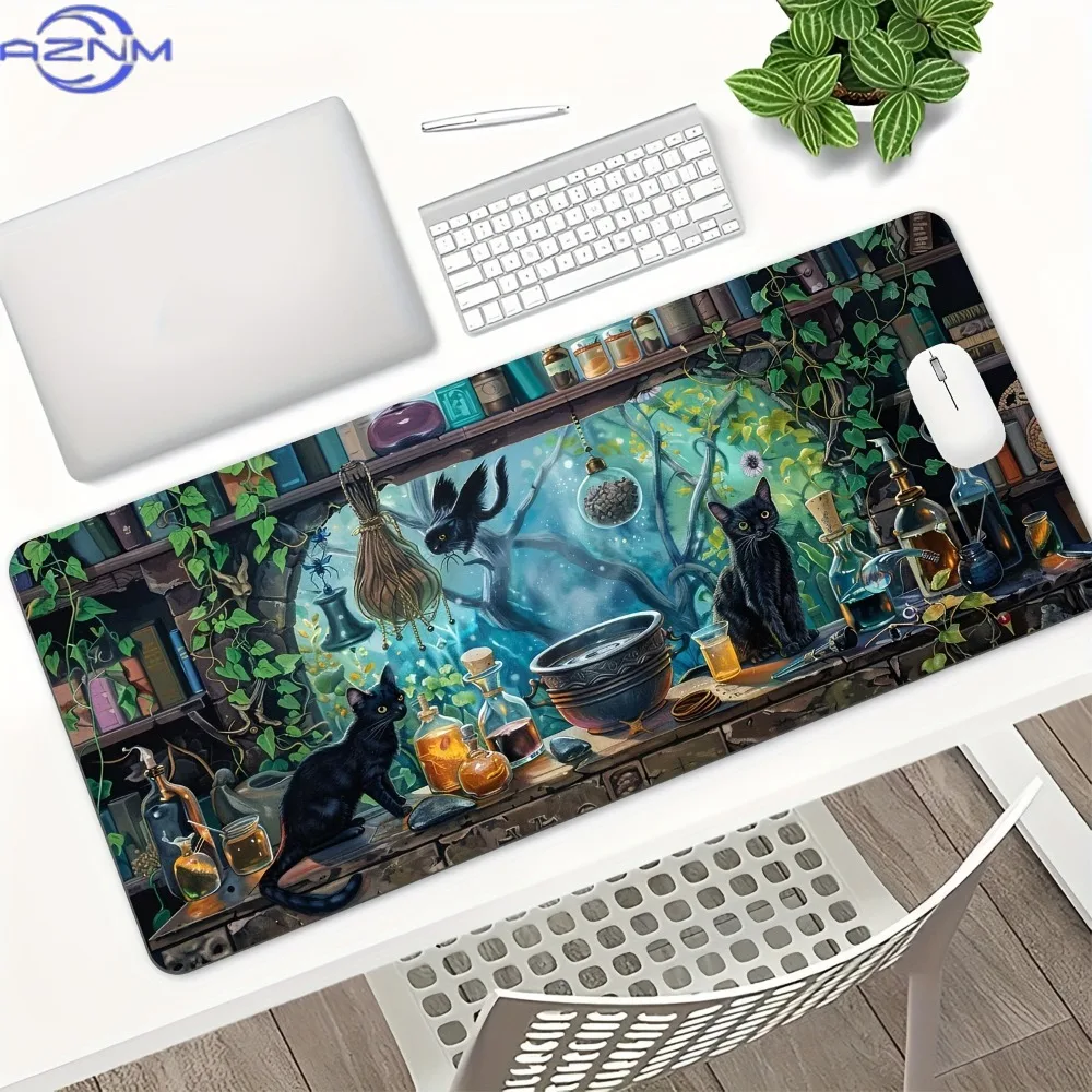 Halloween Black Cat Witch Themed Mouse Pad, Non-slip Rubber Base Desk Mat for Office & Gaming