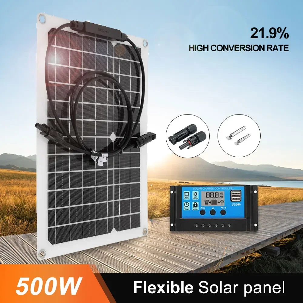 500W Flexible Solar Panel 12V Battery Charger Dual USB With 10A-100A Controller Solar Cell Power Bank for Outdoor Camping Trip