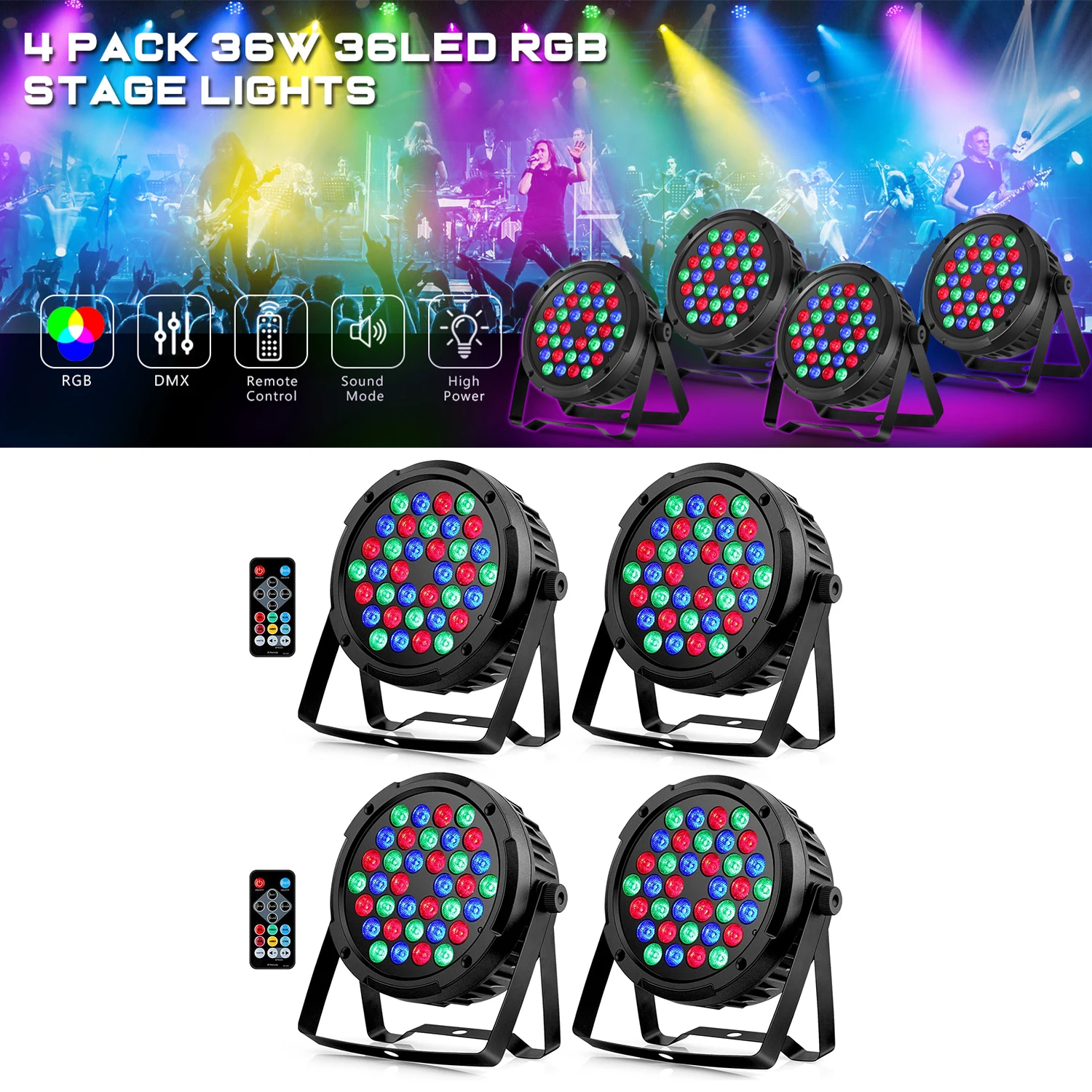 

Набор из 4-х сценических прожекторов RGB с 36 светодиодами, 36 Вт, звукоактивируемый, с дистанционным управлением DMX, для DJ, музыкальных вечеринок, свадеб, церквей, баров, клубов, сценического освещения