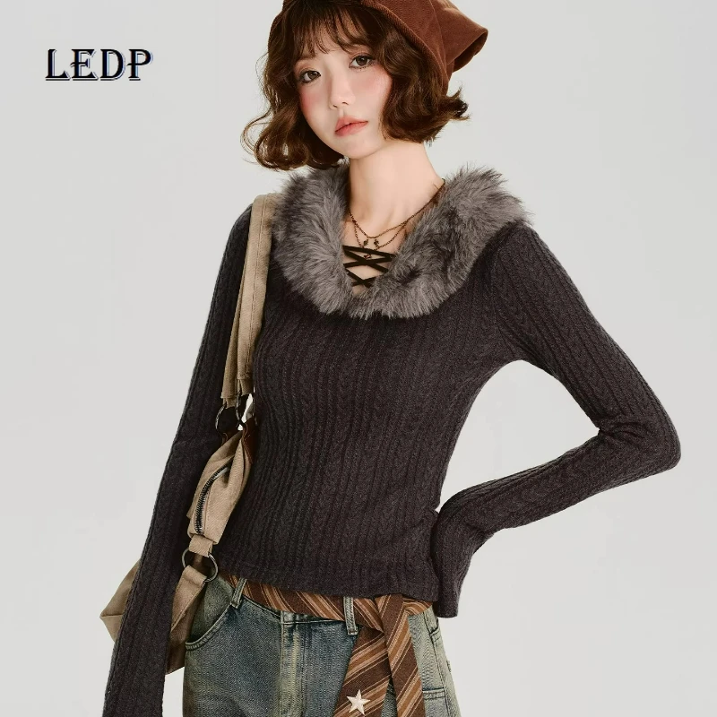 

American Retro Design Hot Girl Fur Collar Long-sleeved Women's T-shirt Autumn Winter New Thin Versatile Bottoming Shirt Ladies