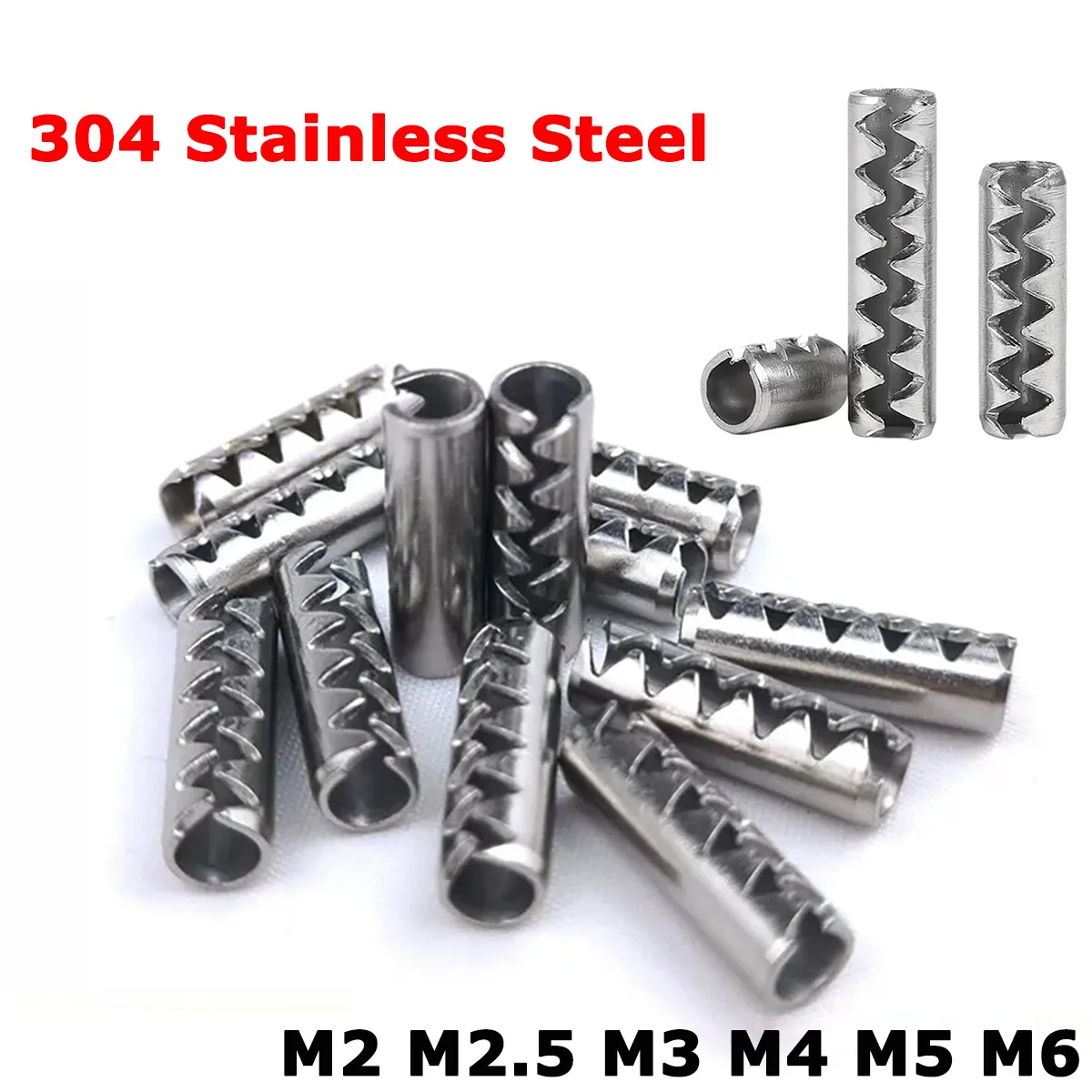 

M2 M2.5 M3 M4 M5 M6 304 Stainless Steel Serrated Spring Pins Open Elastic Pin Toothed Hollow Cylindrical Pin Length 5-50mm