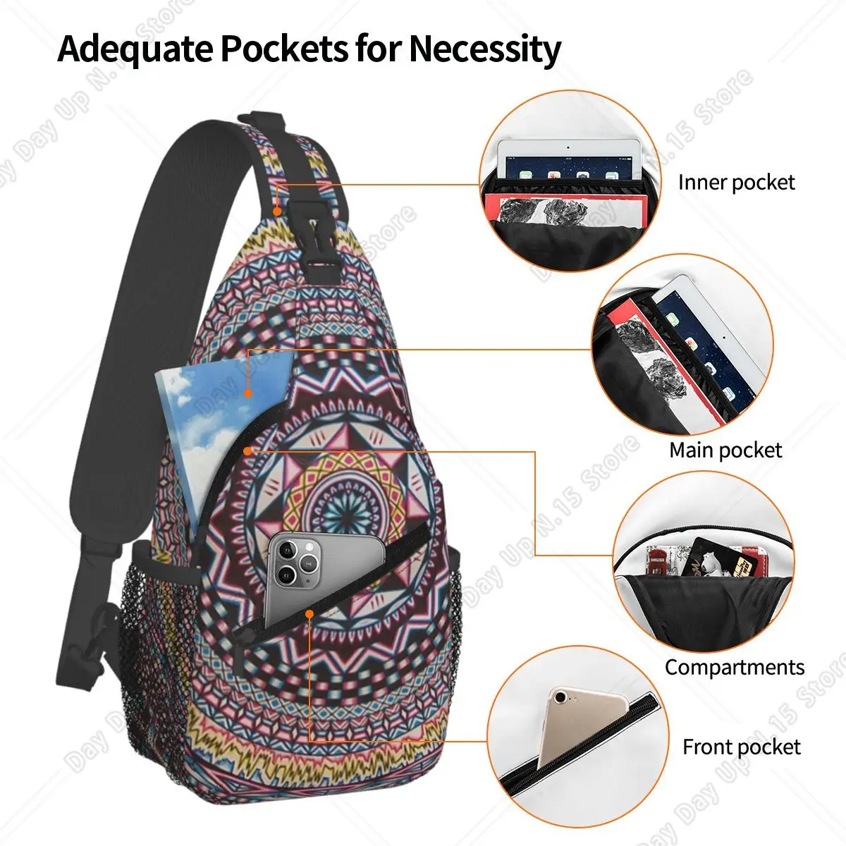 Mandala Psychedelic Bohemian Boho Chest Bag Men Sling Crossbody Backpack Chest Bag Travel Hiking Daypack Shoulder Bag view 6