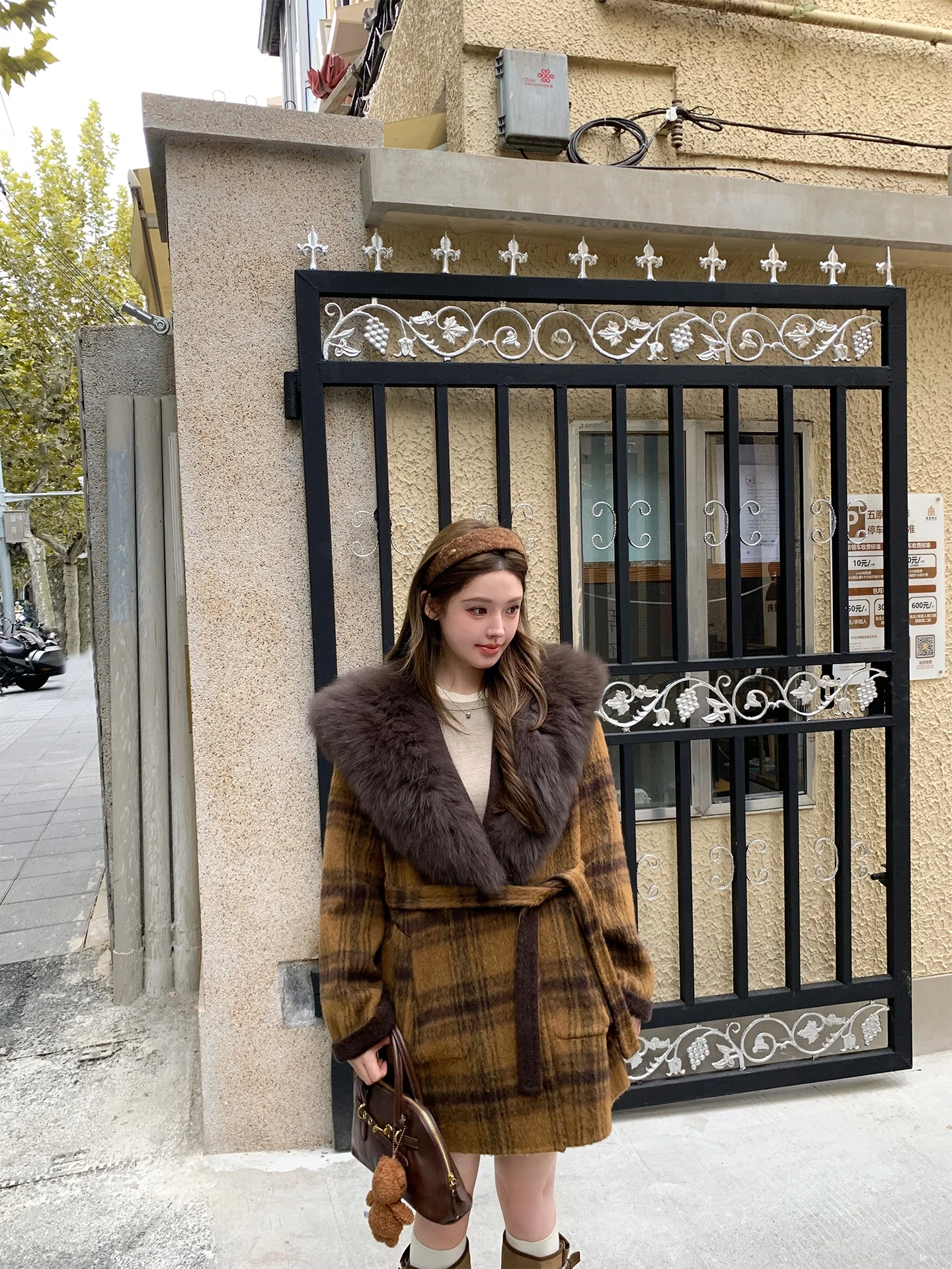 

Double-Sided Wear Fur Collar Plaid Camel Wool Women's Coat Daisy Jingquan Winter Outerwear Ele Simple Sle Long Sve