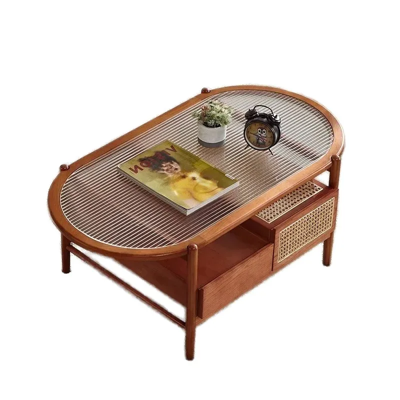 *American Modern Solid Wood Coffee Table Oval Shape with Rattan Weaving. Compact Size, Ideal for Home Living Spaces.