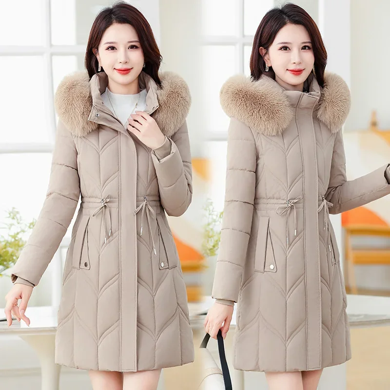 

Women's Parkas Solid Mid Long Styles Slimming Hooded Warm Drawstring Spliced Pockets Coat Big Fur Collar Down Cotton Jacket