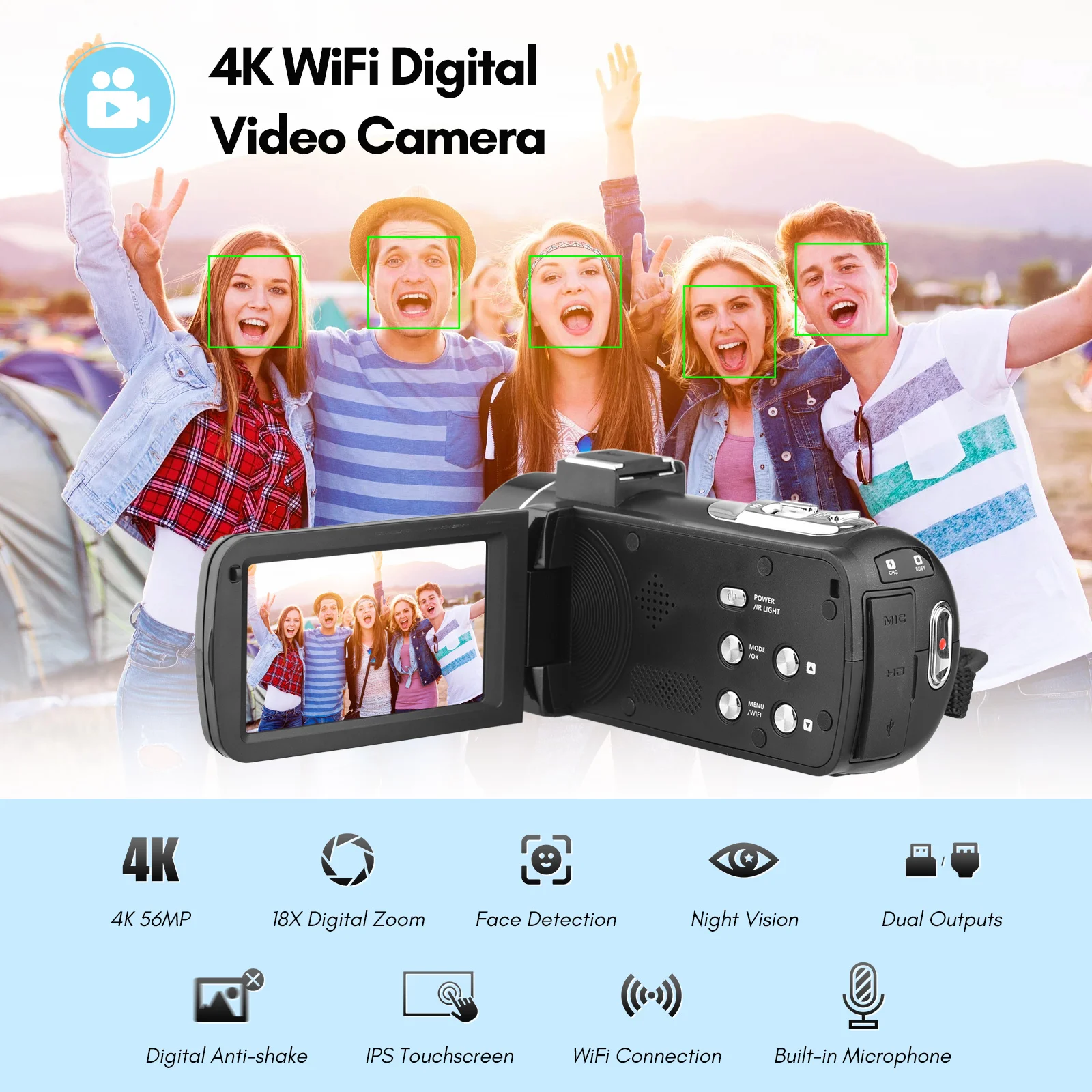 4K Digital Video Camera WiFi Camcorder DV Recorder 56MP 18X Digital Zoom 3.0 Inch IPS Touchscreen Anti-shake IR Night Vision