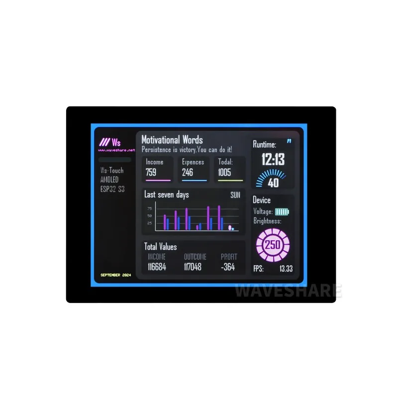 2.41 Inch AMOLED ESP32-S3 Touch Screen Board 600x450 Resolution 32bit Dual Core with Accelerometer Gyroscope Sensor WiFi IoT Kit