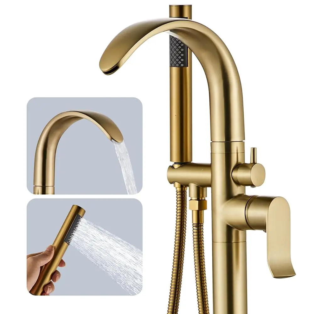 

Freestanding Tub Filler Bathtub Faucet Stand Alone Gold Waterfall High Flow Brass Brushed Gold, Stand up Unique Floor Mounted