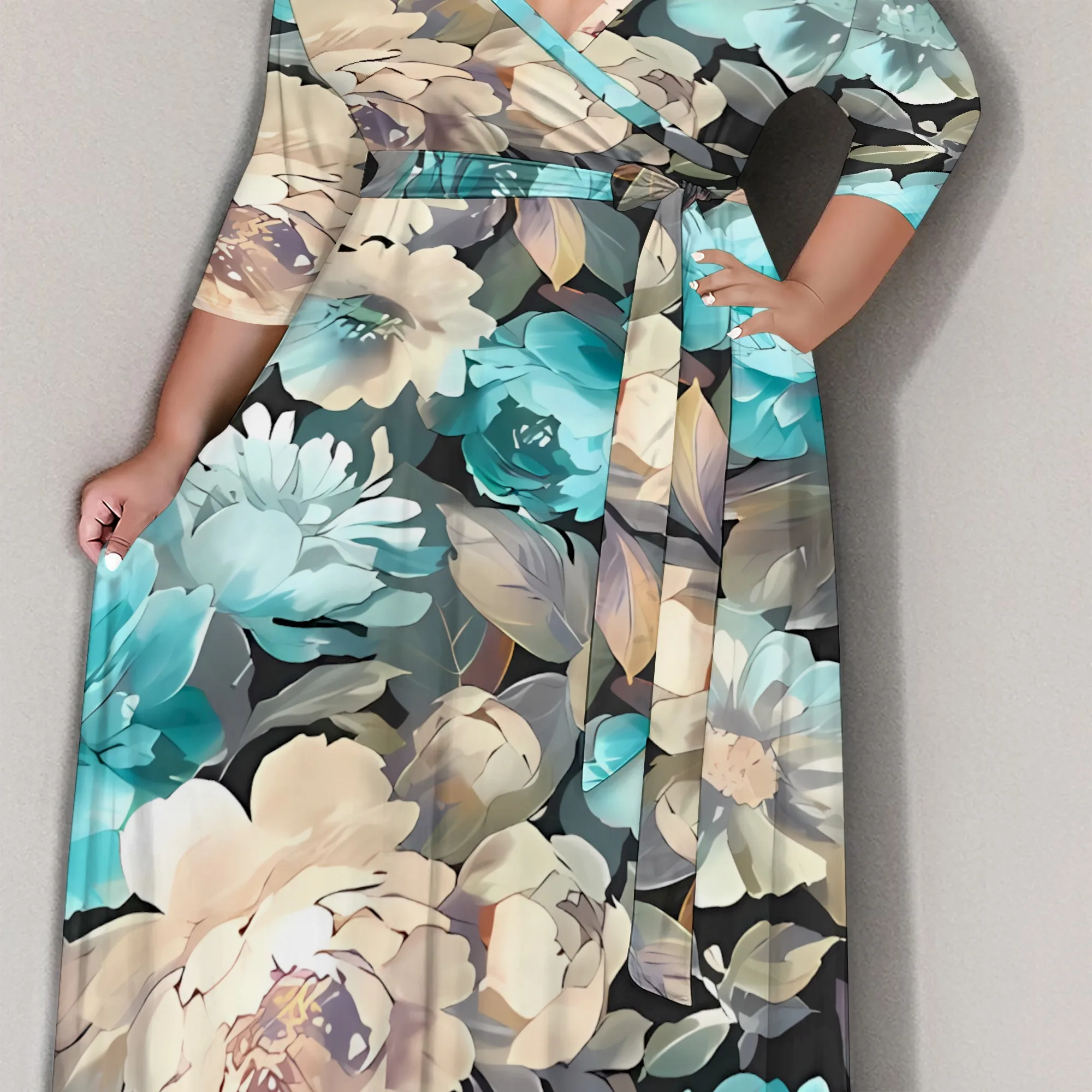 Robe longue élégante à manches 3/4, grande taille, col en V, beige sarcelle, ceinture florale, pour mariage ou Brunch