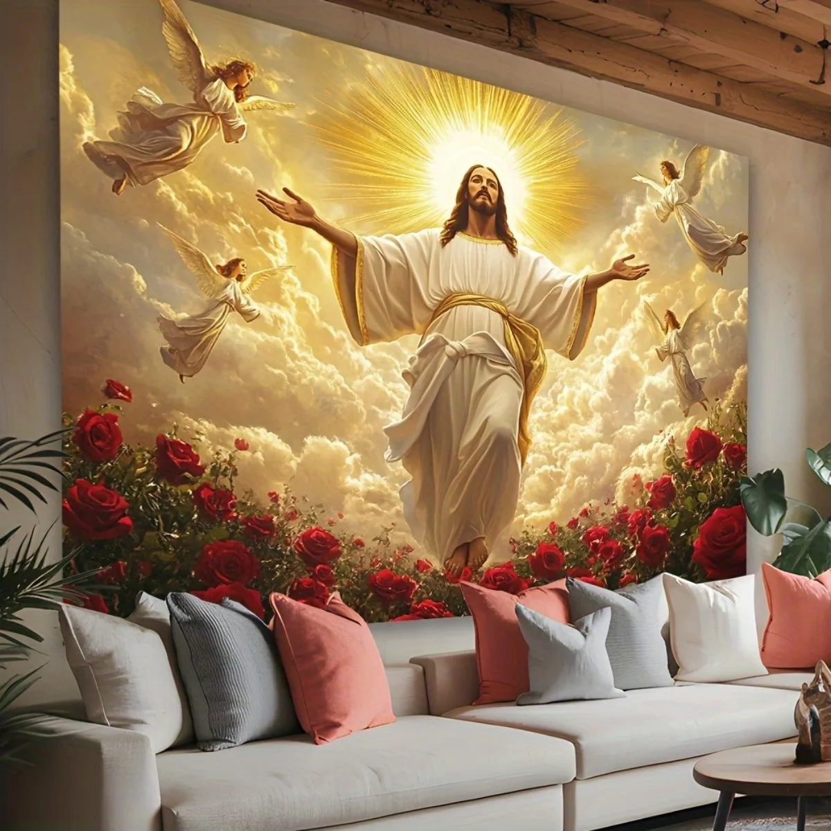 Sacred Religious Tapestry - Holy Figure Surrounded by Angels, Blessing Wall Hanging. Fabric Art for Living Room, Bedroom, Office