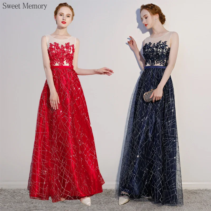 

N1150 Темно-синие винно-красные длинные вечерние платья без рукавов для девочек и женщин праздничная одежда Sweet Memory трапециевидной формы длиной до пола, тюлевое вечернее платье