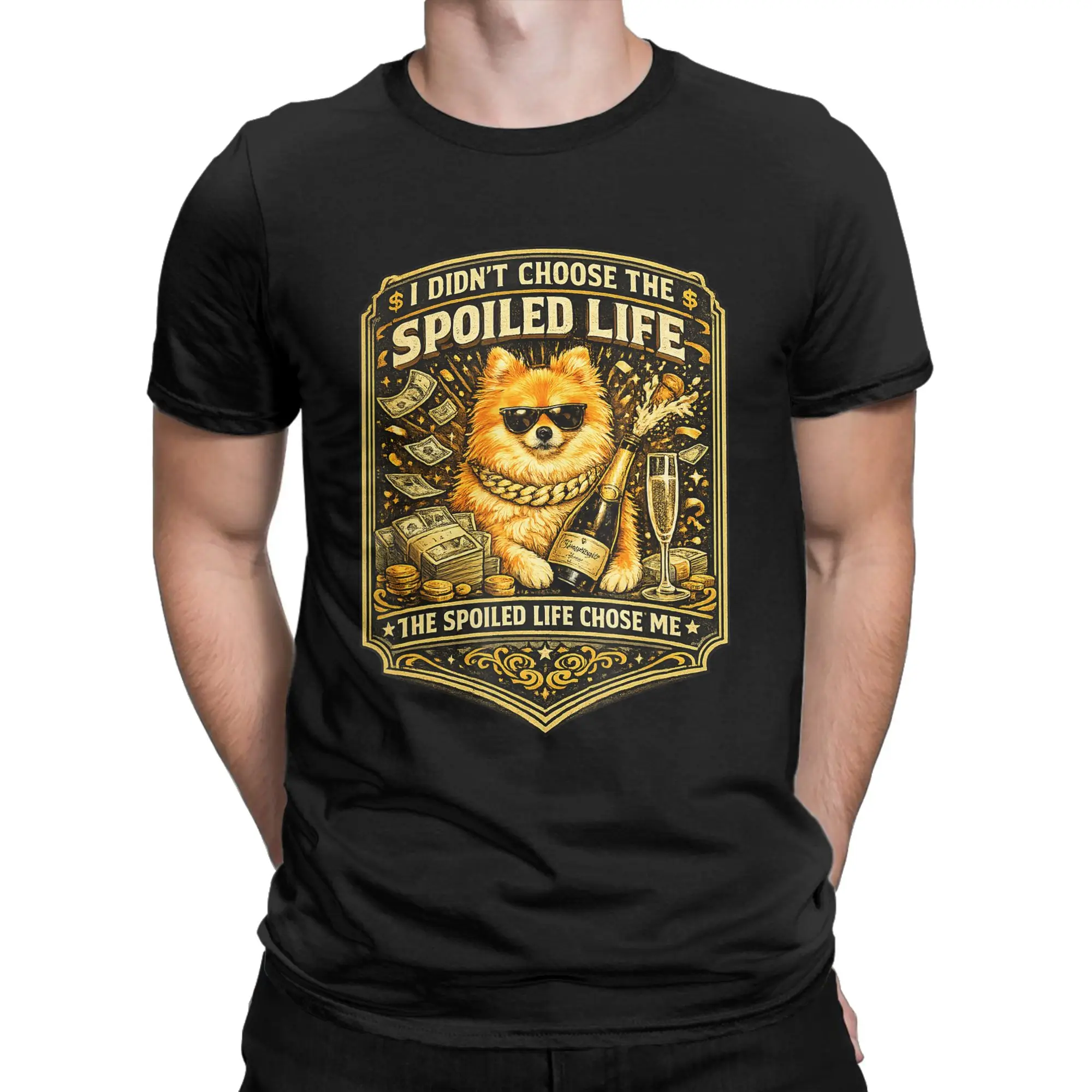 Fancy Pomeranian Drinking Champagne Funny Dog T-Shirt Summer  T-Shirts For Male Print Tee Shirt Short-Sleeved Classic Clothing