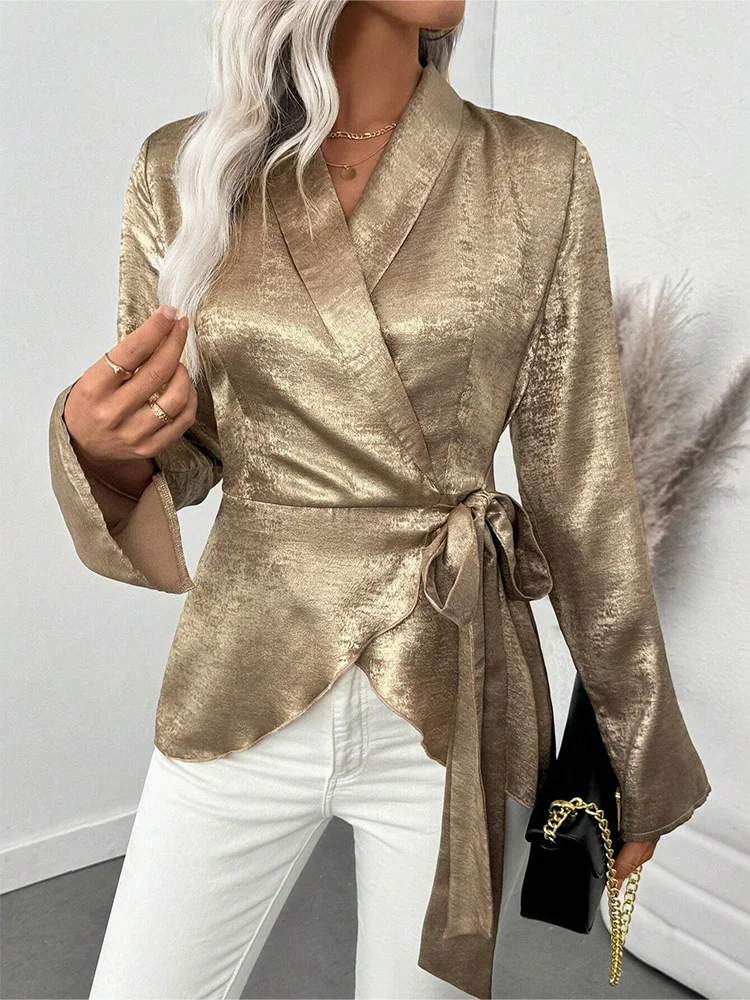 

Womens Gold Metallic Wrap Blouse V Neck Long Flare Sleeve Self Tie Asymmetrical Hem Top For Party Cocktail Office Wear