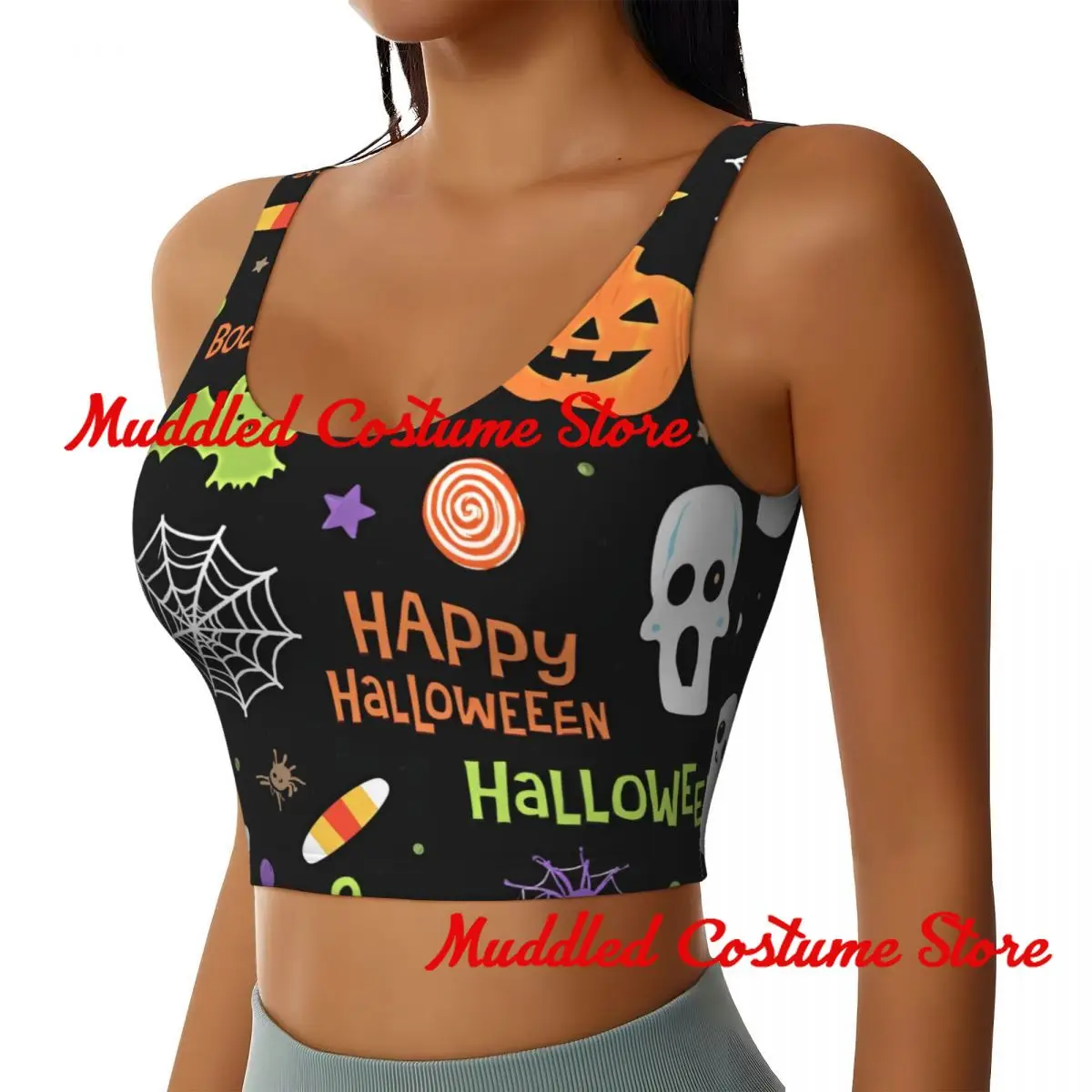 ハロウィンイラスト スポーツブラ 女性用 ヨガ ジム ランニング ポリエステル スパンデックス混紡 通気性 耐衝撃性 カワイイ パンクスタイル