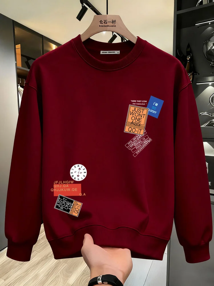 

Loose Fit Men's Fce Lined Long Sve Sweatirt Premium Design Patchwork Print Red Casual Sle Youth ular Autumn Winter