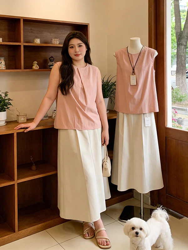 

Summer New Style Age Reduction Sleeveless Shirt Top Beige High Waist Skirt Two Piece Set Large Size Fashionable Commute ...