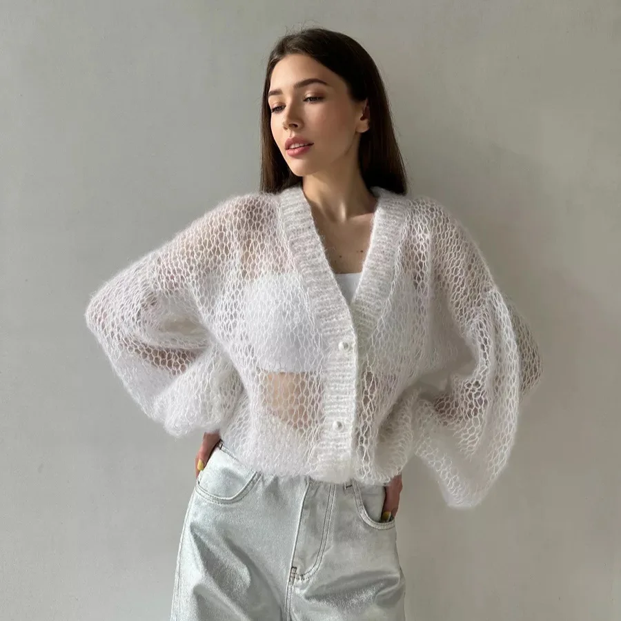 Damen-Cardigan Locker Lässig Mohair Durchbrochene Strickjacke Kurze Pullover Frühling 2026 Oberteile