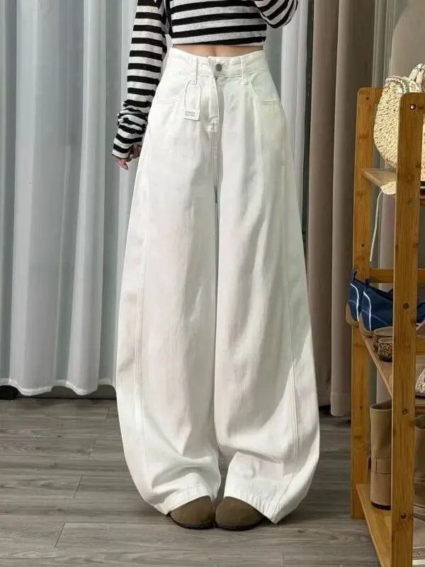White High Waist Loose Wide Leg Denim Jeans Women's Autumn New Splicing Flip Cover Pocket Draping Cuffed Pants