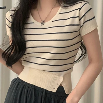 스트라이프 니트 탑 여성 반팔 우아한 라운드 넥 사이드 슬릿 자른 허리 장착 디자인 Sensibility Petite Top