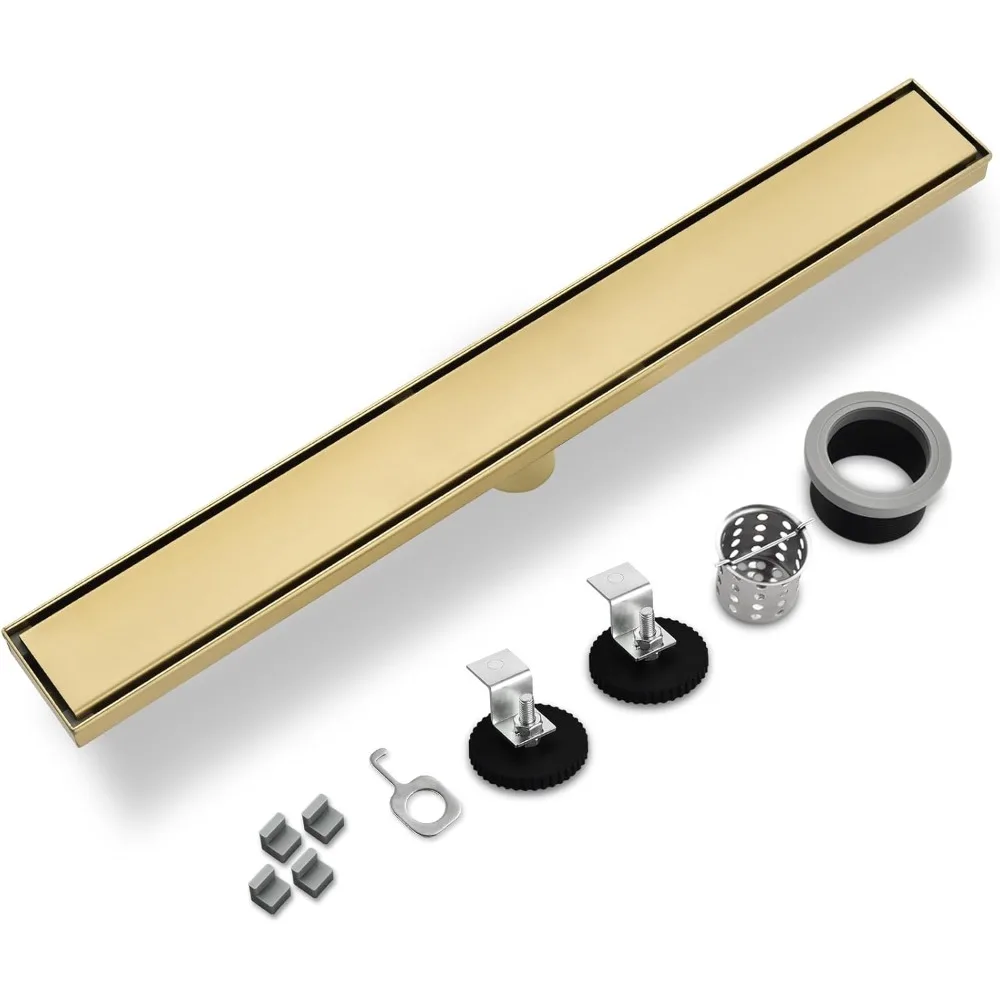24 تصريف دش من الفولاذ المقاوم للصدأ باللون الذهبي المصقول مع حشوة للبلاط، صائد الشعر، تصريف أرضي مستطيل للتصميم الخطي #4