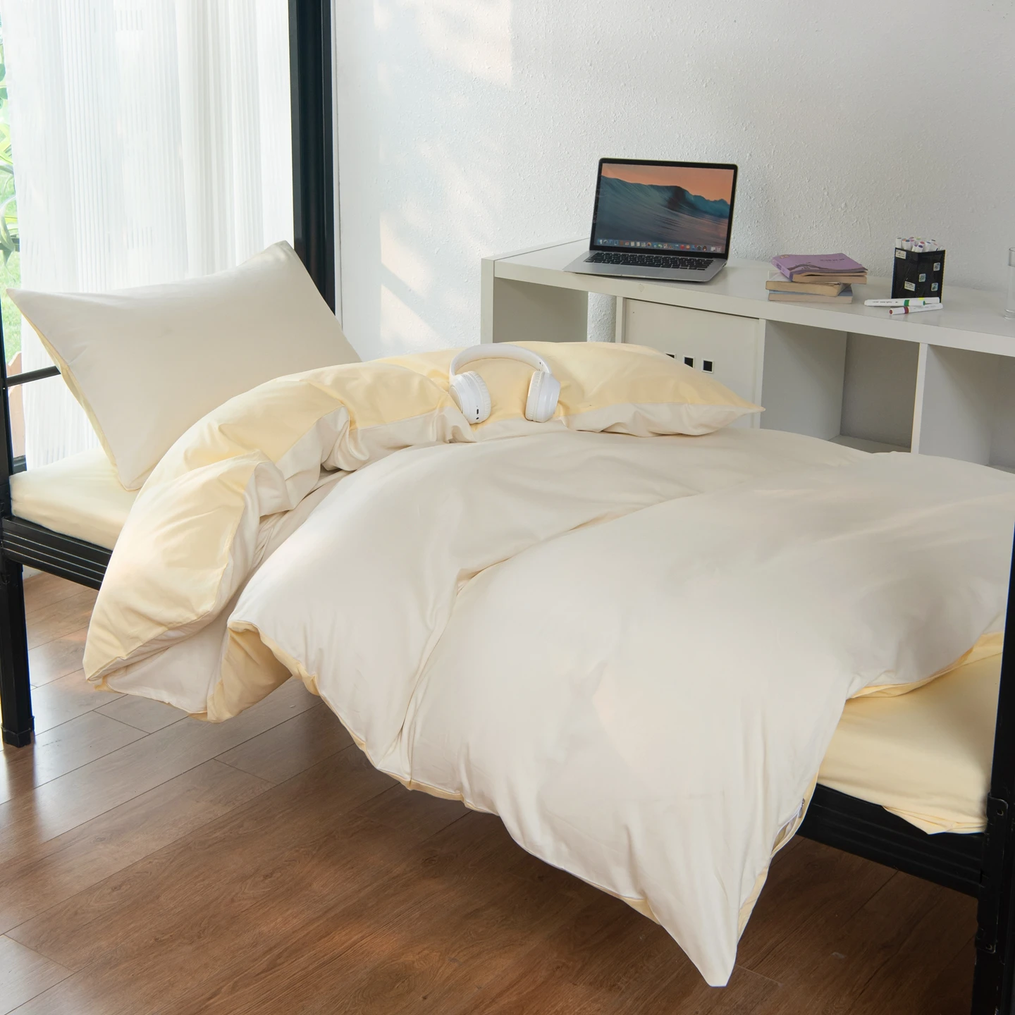 Minimalism Solid color Bedding Set, 100% Cotton 3pcs Set Single Size, Back to School Season for Student Dormitory Decoration