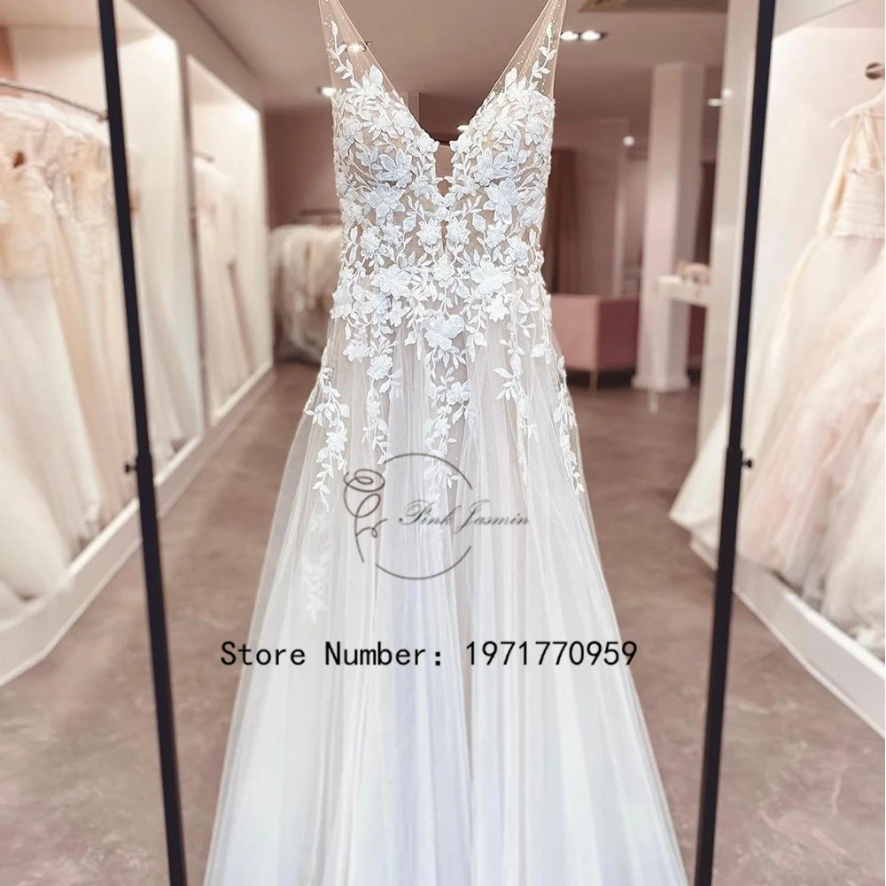 

Gorgeous V Neck Ivory Wedding Dress For Women Sweep Train Applique Elegant A Line Bridal Gowns With Soft Tulle Vestido De Novia