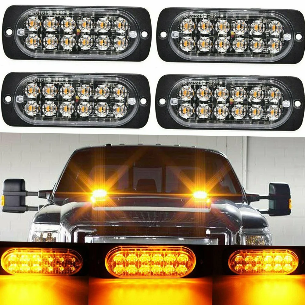 4pcs 12 Strobe LED Amber Hazard Beacon Emergency Flashing Side Marker Light Bars Warning Signal Towing Truck Flashing Lamp