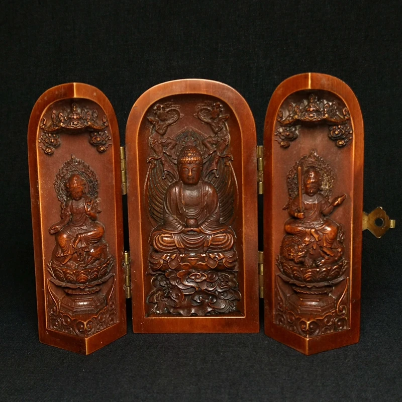 

YIZHU CULTUER ART size 4 inch China boxwood hand carved 3 Buddha Avalokitesvara figurine statue desk decoration collectable Gift