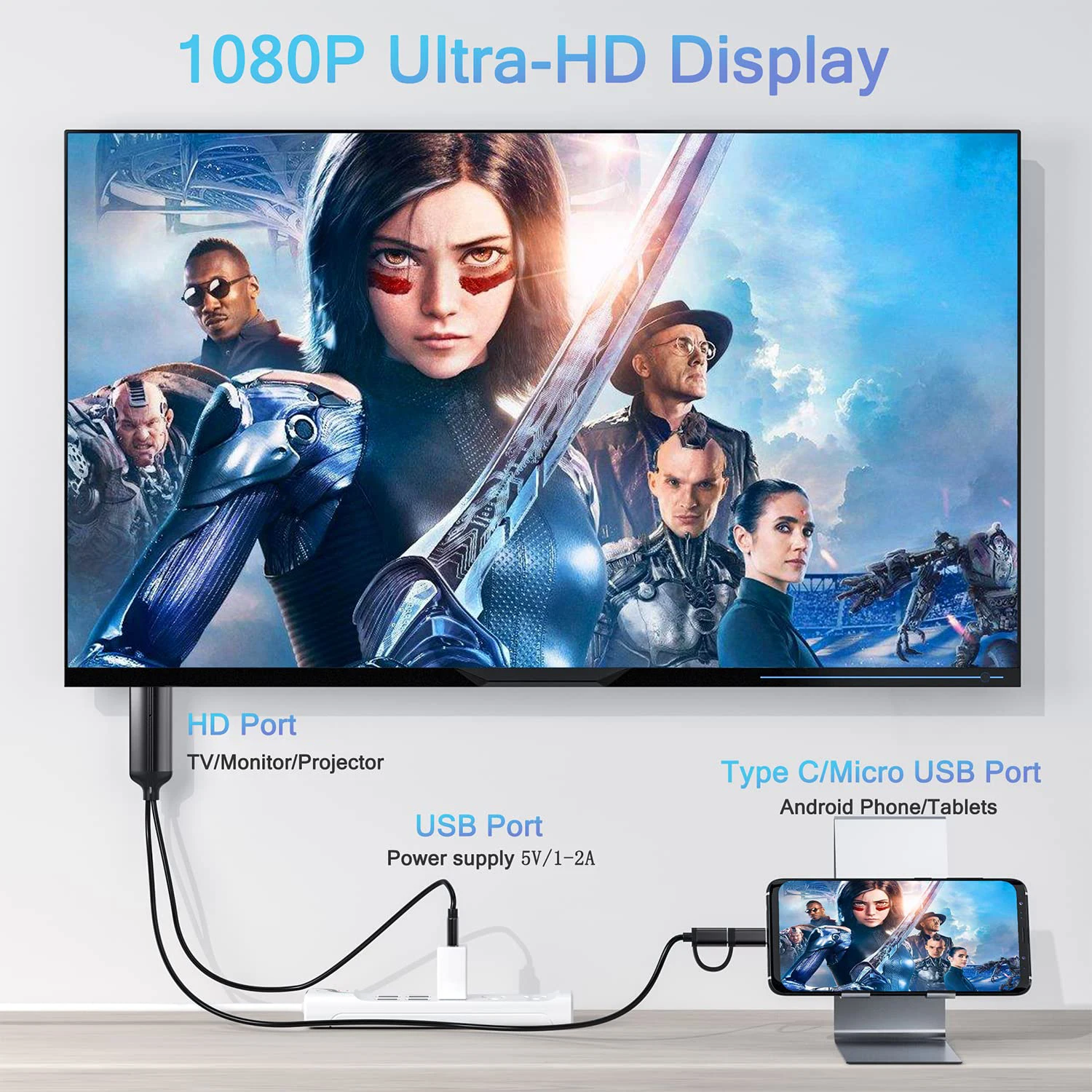 Kabel Display Tipe C/micro-usb Male ke 1080P HD, kabel Display dengan kabel pengisian daya untuk ponsel pintar Android Tablet ke HDTV Monitor proyektor