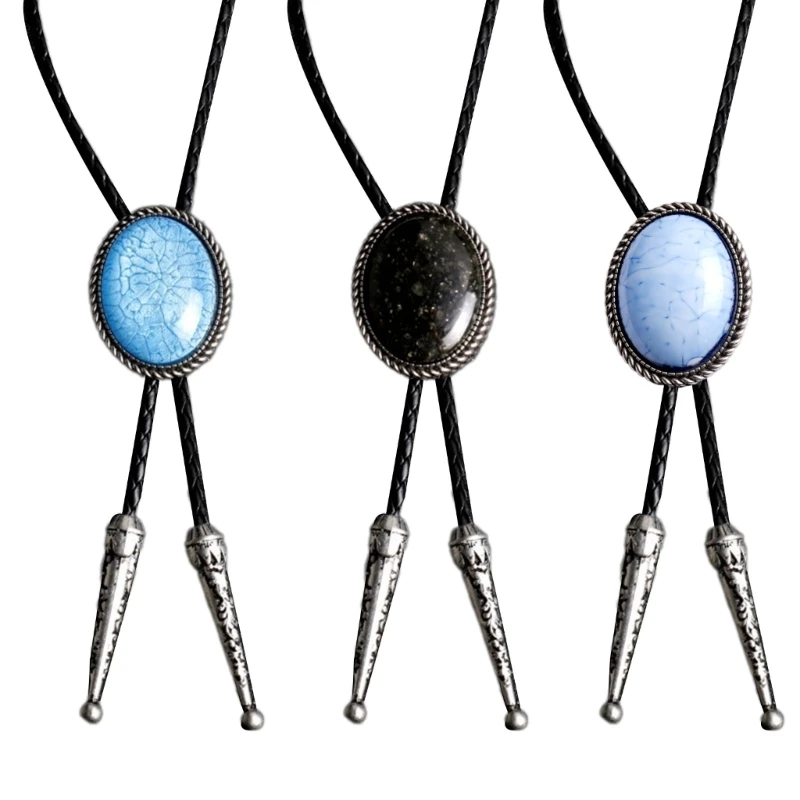 American Bolo Tie Western Crack Pattern Stone Cowboy Pendant Shirt Chain Collar Necktie Leather Rope Jewelry Drop shipping