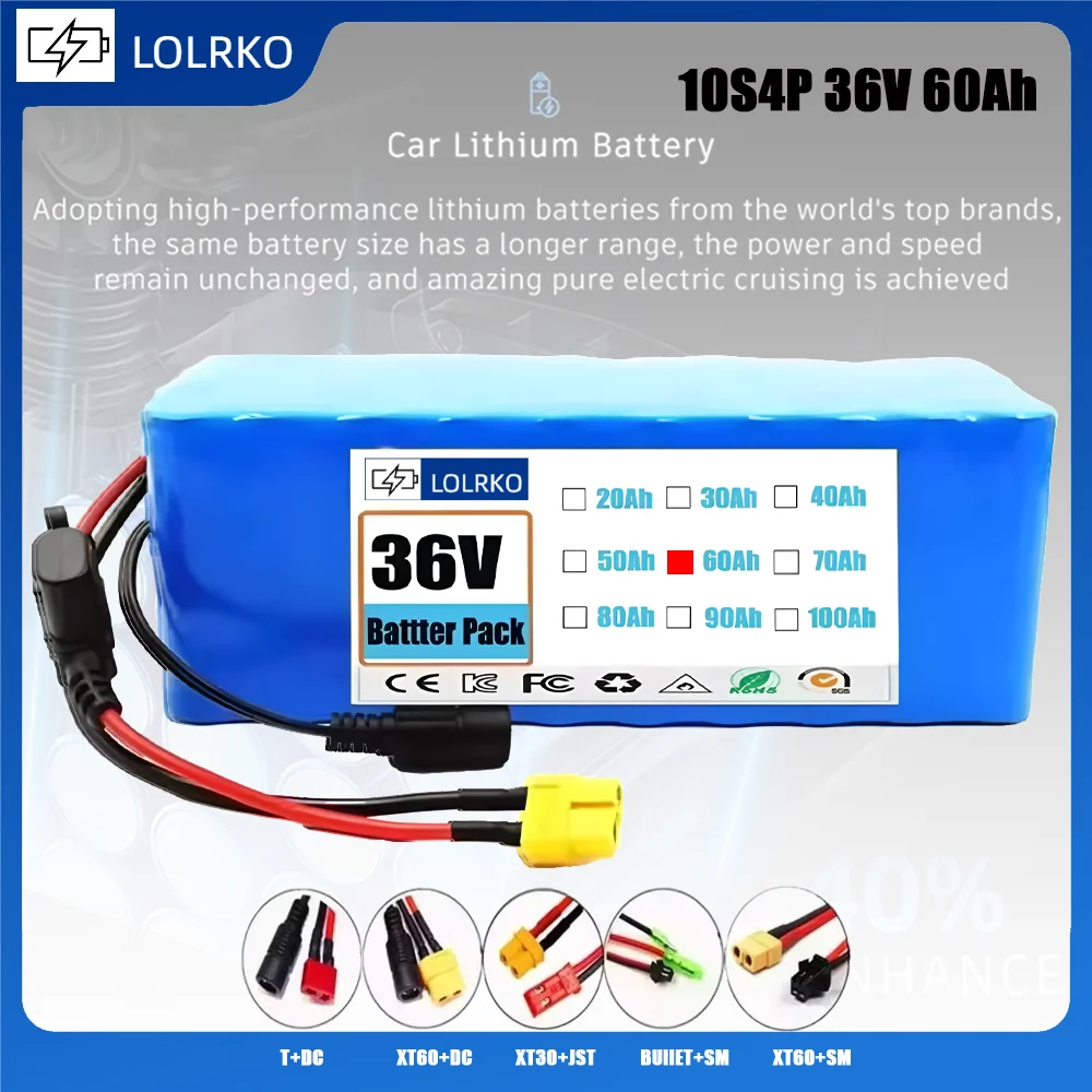 

100Ah 10S4P 36V Battery Pack 500W 750W 1000W High Power 42V Solar Panels Suitable for 36V motor Wiht BMS/30A Fuse+Charger